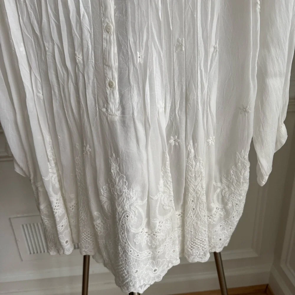 Johnny Was White The Pintuck Vine Embroidered Boho Blouse Tunic Small